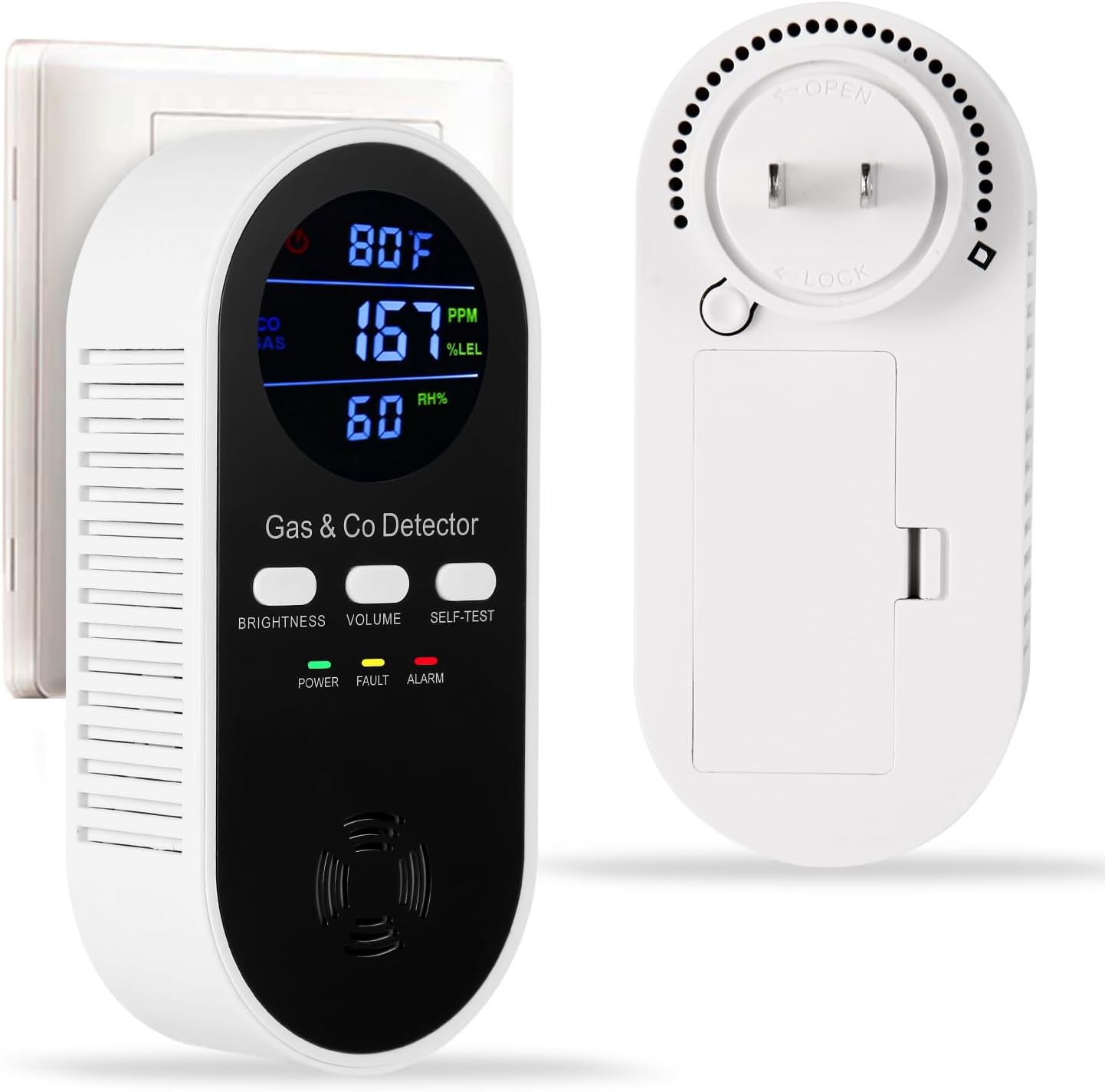 5-in-1 Carbon Monoxide Detector & Natural Gas Leak Alarm,AC-Plug-in CO Alarm & Explosive Gas Detector Battery Backup with Temperature(°F) & Humidity,Three Levels Volume & Brightness for Home,RV,Hotel