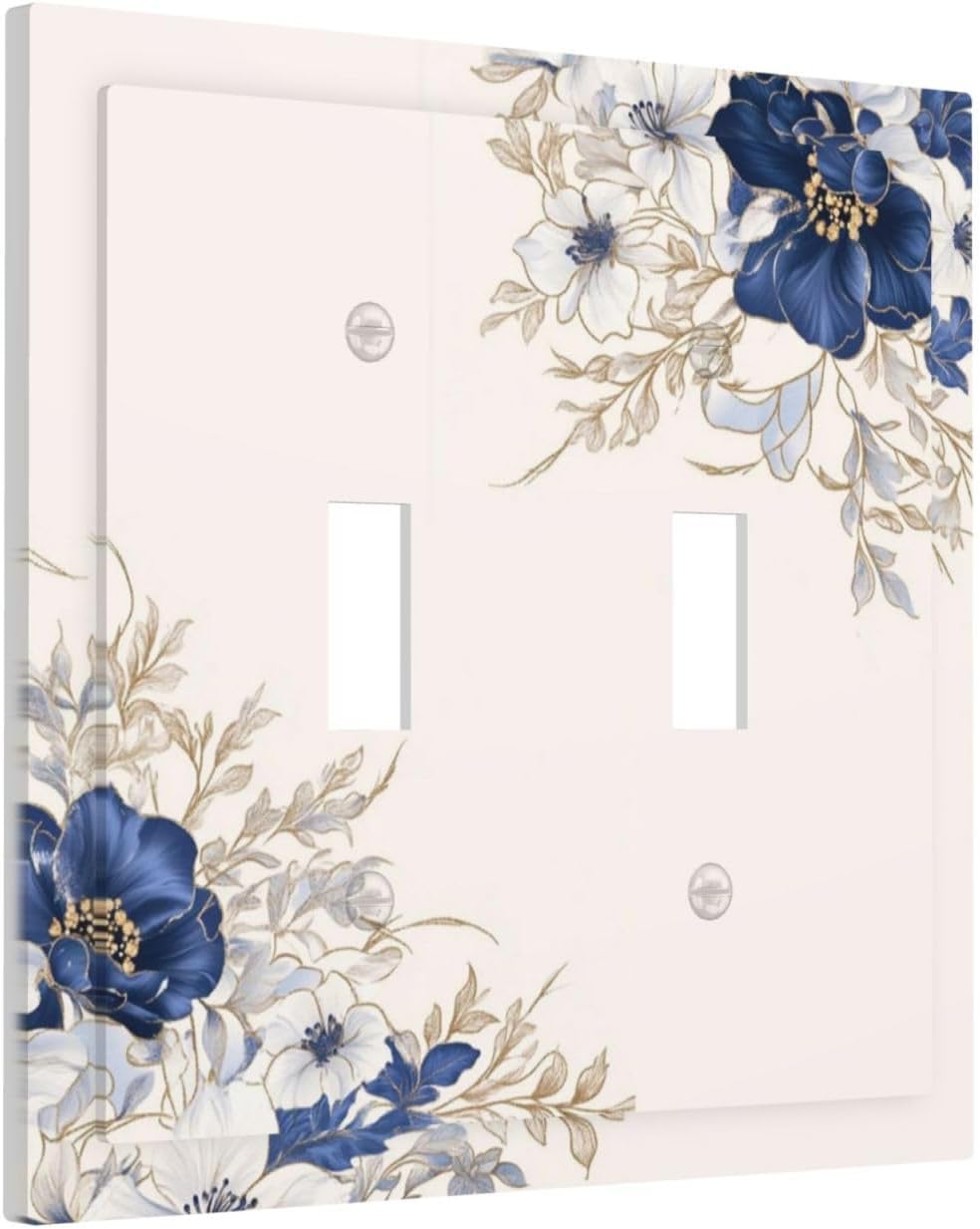 Decorative Light Switch Cover Plate Rustic Blue Beige Flower Peony Floral 2 Gang Outlet Covers Double Toggle Wall Plates for Electrical Outlets Switch Plate Covers Faceplate for Home Decor