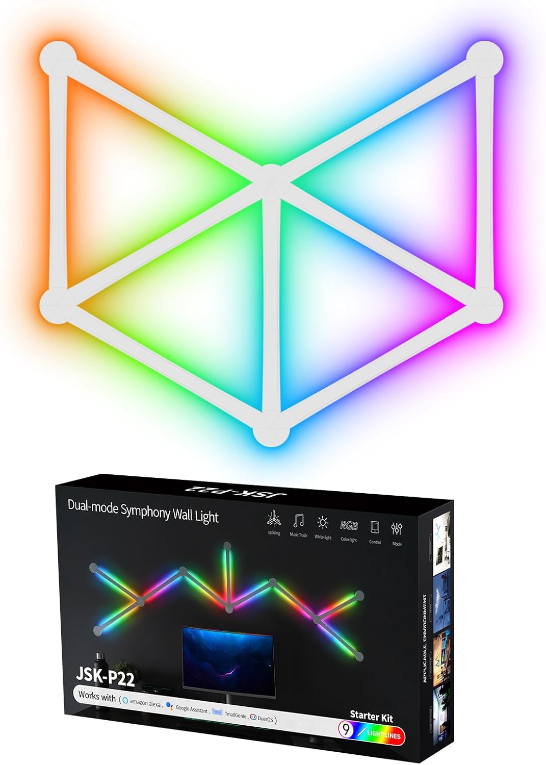 RGB Wall Light, LED DIY Geometry Splicing Gaming Lights, Backlit Modular Wi-Fi Colour Changing Home Decor Lights Work with Alexa and Google Assistant for Game Room, Bedroom (9 Lines, White)
