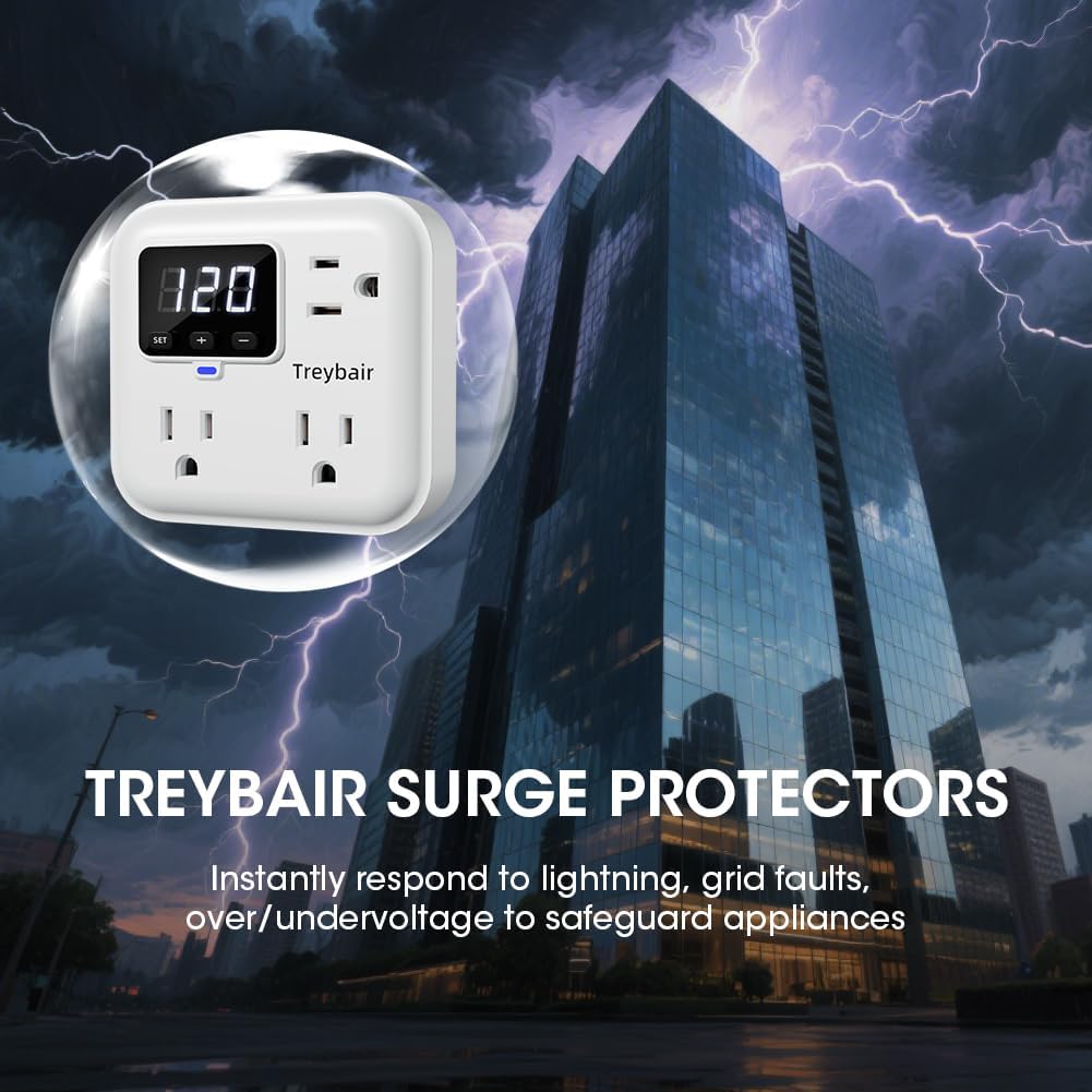 Surge Protector 3-Outlet Power Strip w/Advanced Voltage Protection, 80V-140V Power Surge Protectors for Refrigerator, TV, Computer | LED Display Voltage Monitoring Fireproof UL94V-1