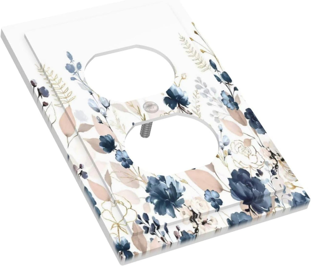 Blue Flora Boho Vintage Flower Golden Leaves Outlet Covers 1 Gang Duplex Light Switch Cover Decorative Switch Plates Electrical Receptacle Faceplate Wall Plate for Bedroom Living Room Decor