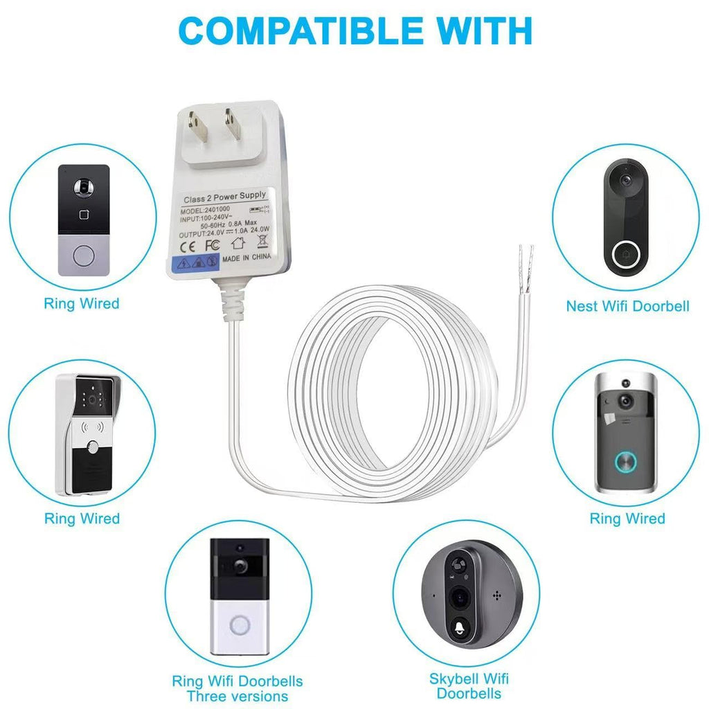 24VDC Video Doorbell Power Adapter, Power Supply Transformer for Ring, Nest, Eufy, Wyze, Arlo, 19.6 ft Cable, White