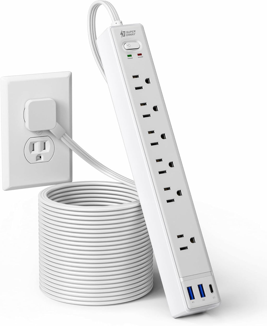 15Ft Long Extension Cord, SUPERDANNY Surge Protector Power Strip with 6 Outlets & 3 USB Ports, Flat Plug Power Strip Wall Mountable, Desk Charging Station for Home Office, College Dorm Room Essentials