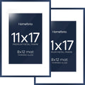 Homeforia 11x17 Picture Frame Navy Blue, High End Metal 11x17 Poster Frames with Mat 8x12 Photo, 11 x 17 Navy Blue Frames Matted to 8 by 12 Print, 17x11 Thin Frames, Tempered Glass, Wall Kit, Set of 2