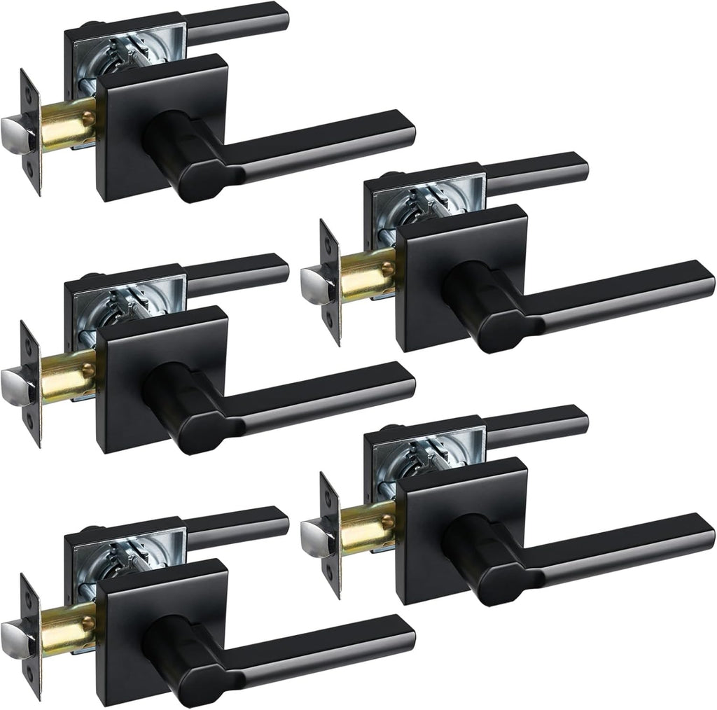 Passage Door Lever (No Lock), Heavy Duty Interior Square Handle for Hallway and Closet, Matte Black, Reversible for Right&Left Handed, 5Packs