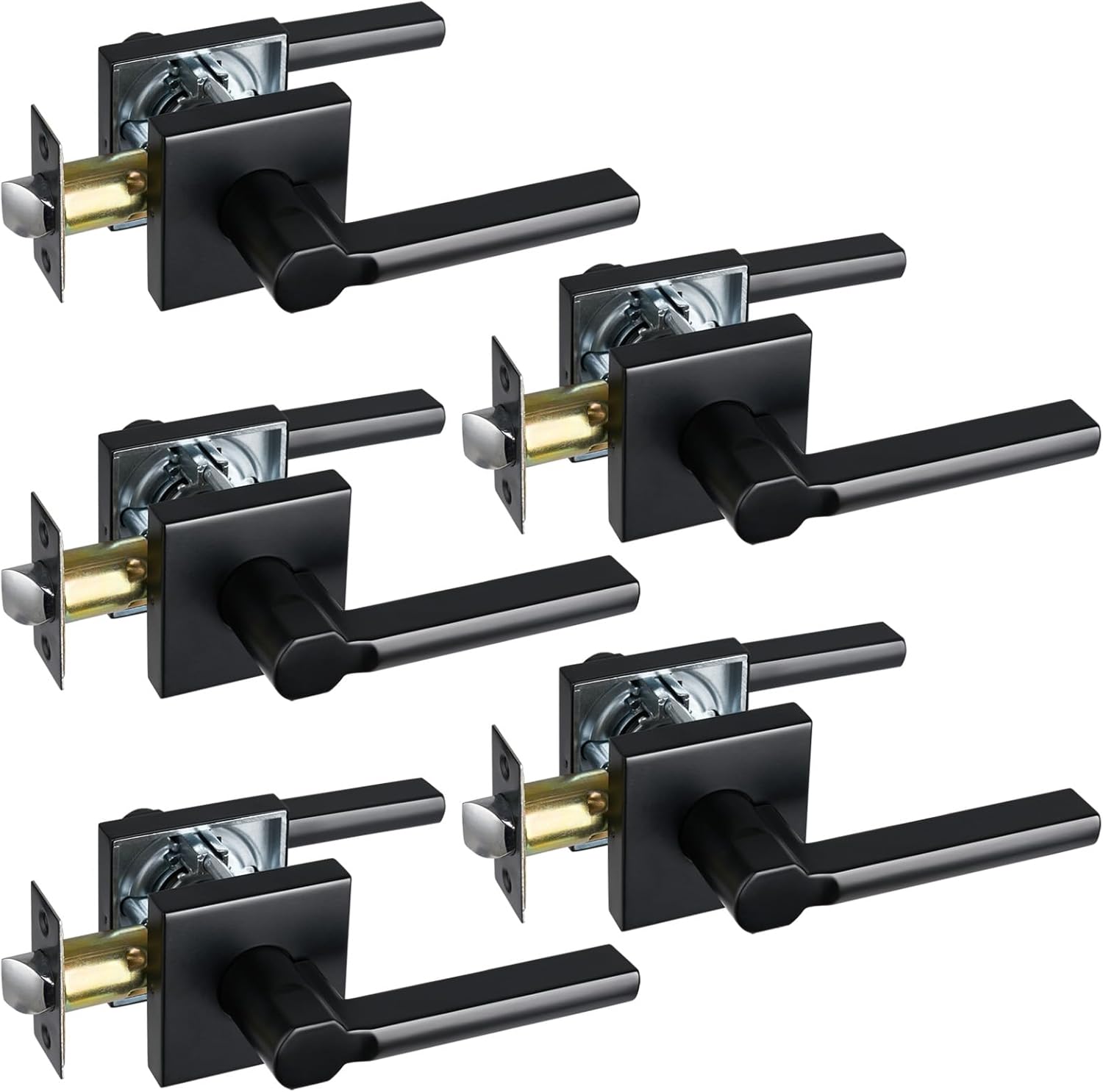 Passage Door Lever (No Lock), Heavy Duty Interior Square Handle for Hallway and Closet, Matte Black, Reversible for Right&Left Handed, 5Packs