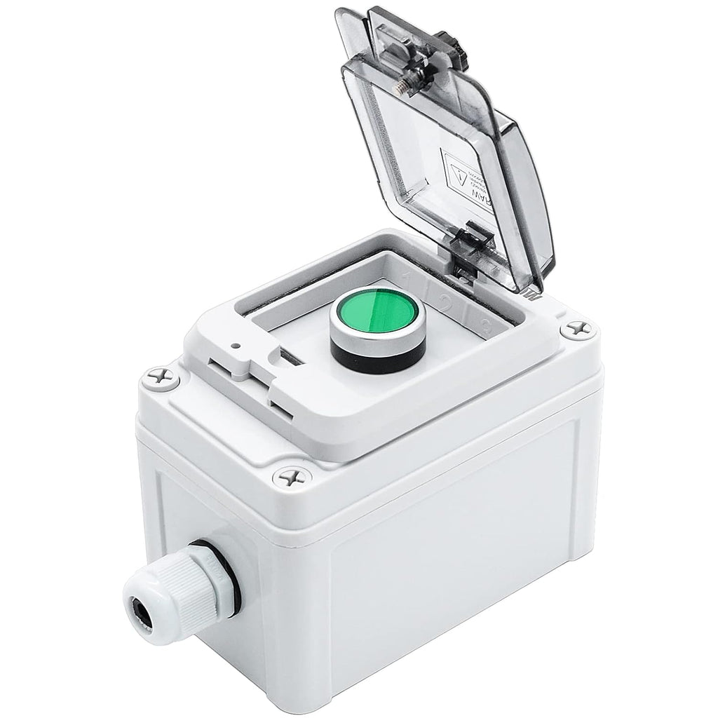 IP67 Button Switch Outdoor Waterproof Box Green Self-Locking Junction Box Button with Protective Cover Anti-misoperation Switch(AC/DC 6A-110V/3A-240V/2.5A-380V)