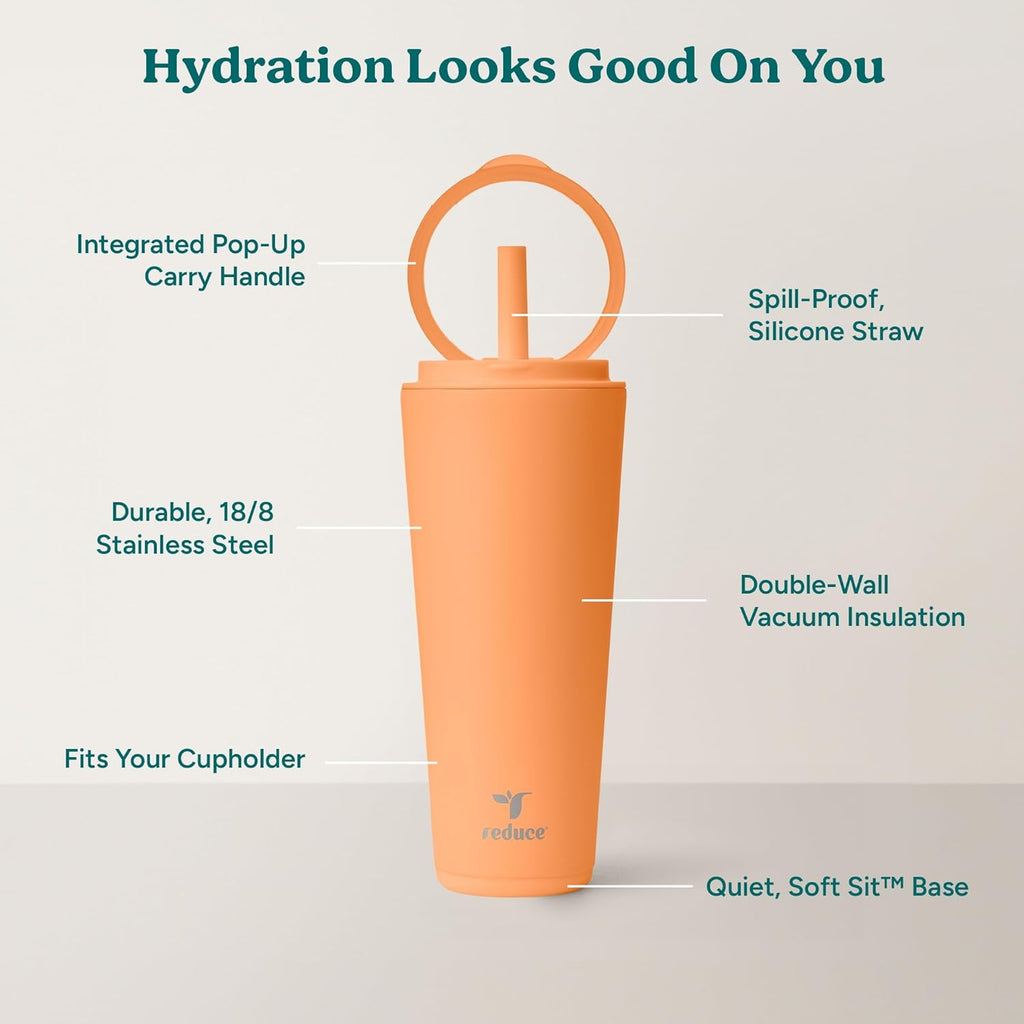 REDUCE Halo 32 oz Stainless Steel Vacuum Insulated Tumbler - Spill Proof Travel Mug with Flip Handle Lid - Keeps Drinks Cold for 32 Hrs - Dishwasher Safe - Cupholder Friendly - Papaya