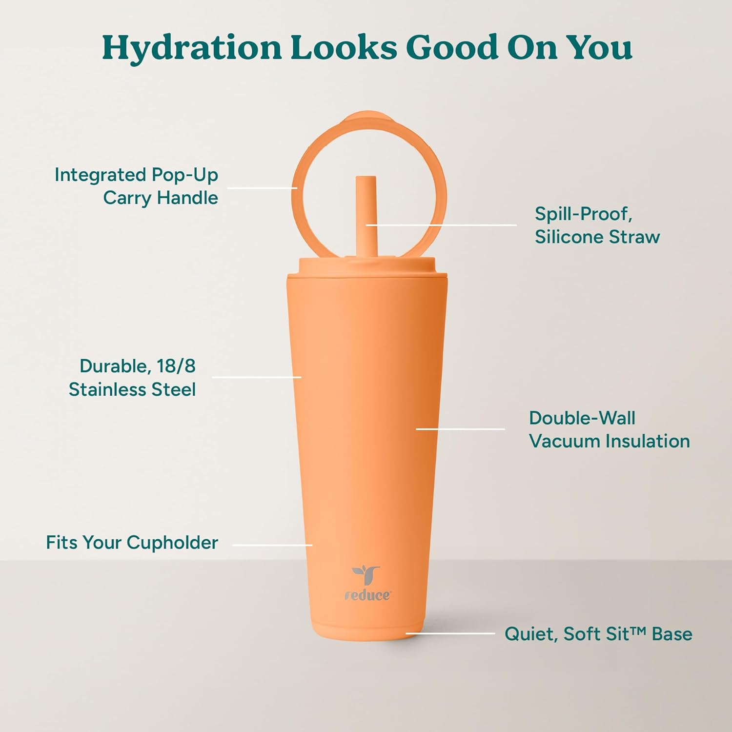 REDUCE Halo 32 oz Stainless Steel Vacuum Insulated Tumbler - Spill Proof Travel Mug with Flip Handle Lid - Keeps Drinks Cold for 32 Hrs - Dishwasher Safe - Cupholder Friendly - Papaya