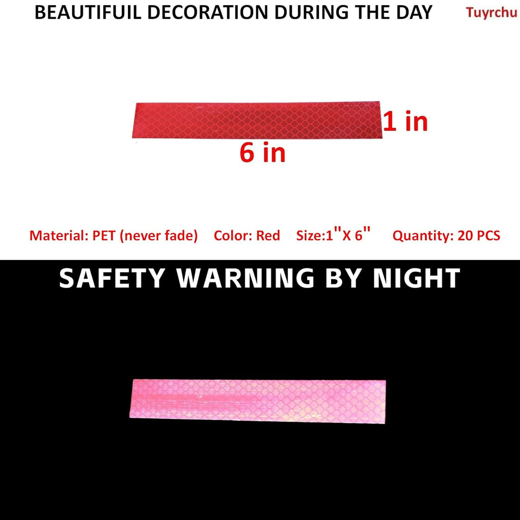 Non Fading Red Reflective Stickers 1 inch X 6 inch, Outdoor Waterproof High Visibility Warning Safety Adhesive Reflector Tape (20 Pcs)