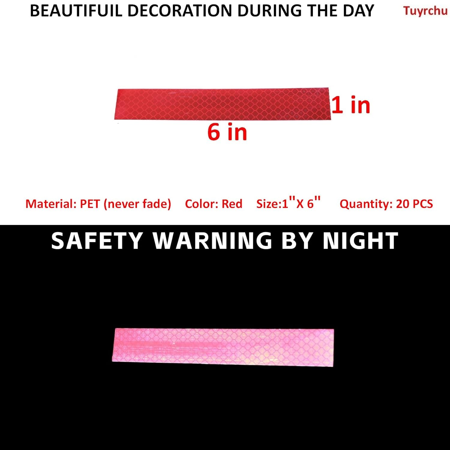 Non Fading Red Reflective Stickers 1 inch X 6 inch, Outdoor Waterproof High Visibility Warning Safety Adhesive Reflector Tape (20 Pcs)