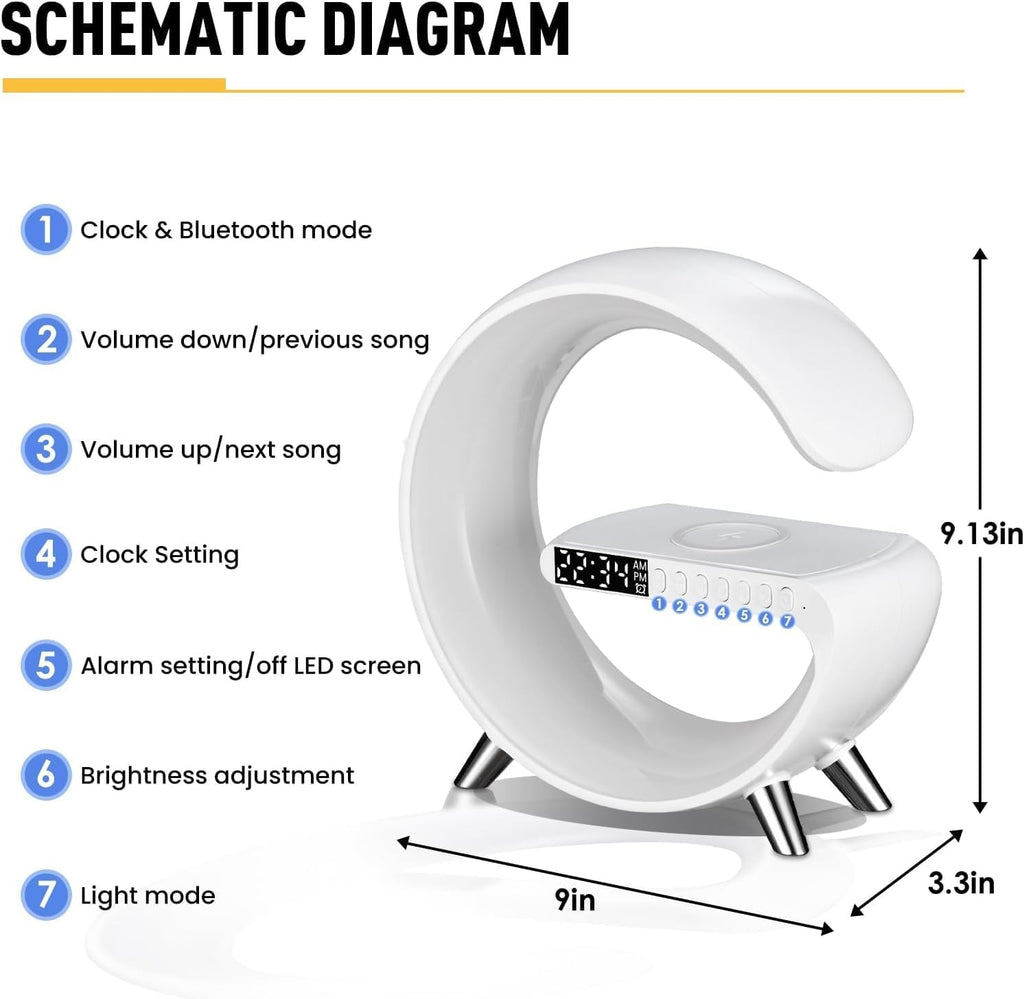 Smart Wireless Charging Alarm Clock with Bluetooth Speaker, App Controlled Bedside Lamp Table Light and Night Light, Bedroom Home Decor, Gift for Girls Boys and Family for Birthday Christmas (White)
