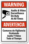 SmartSign 18 x 12 inch “Warning - Audio & Video Surveillance On Duty At All Times” Bilingual Sign, 63 mil Laminated Rustproof Aluminum, Red, Black and White, Made in USA