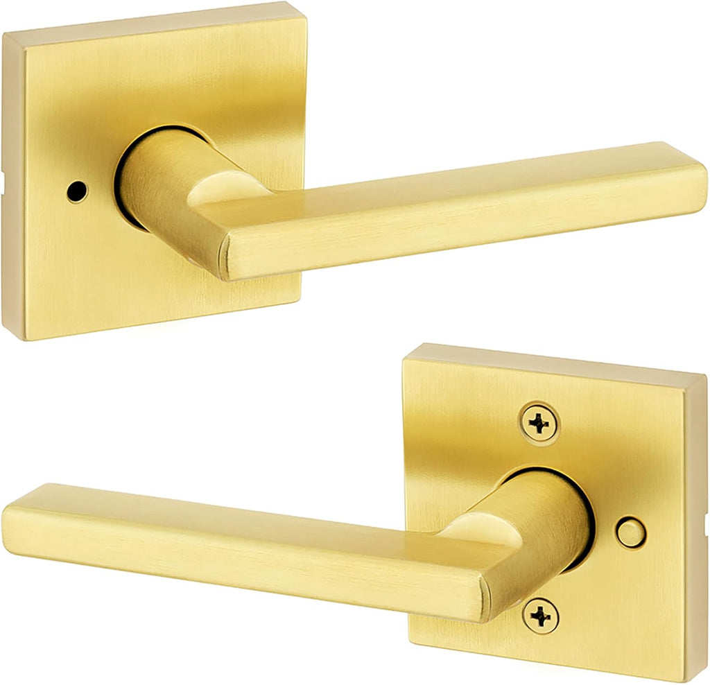Kwikset Halifax Interior Privacy Door Handle with Lock, Door Lever for Bathroom and Bedroom, Satin Brass Reversible Keyless Push Button Lock Door Lever, with Microban Protection