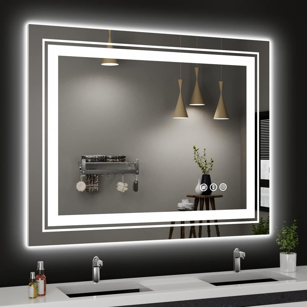 LED Bathroom Mirror, 40"x32" with Front and Backlit, Anti-Fog, Bathroom Vanity Mirror for Wall, Memory Function, Stepless Dimmable, Tempered Glass (Horizontal/Vertical)