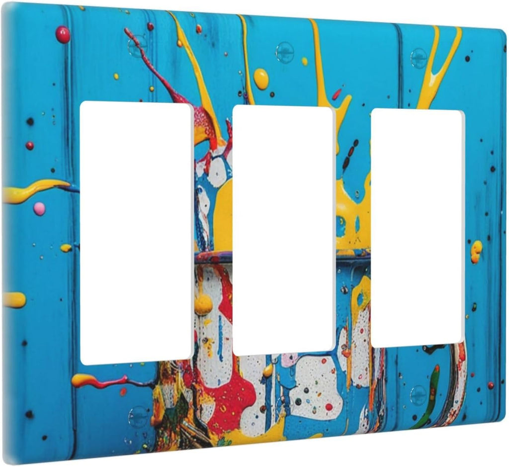 Decorative Outlet Covers Colorful Paint Splatters Blue Wood Plank 3 Gang Wall Plate Triple Rocker Light Switch Cover Plate Jumbo Electrical GFCI Faceplate for Bedroom Decor