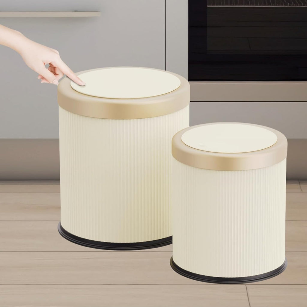 URALFA 2Pack Bathroom Trash Can with Lid, Small Garbage Can Dog Proof, Plastic Waste Basket with Pop-up Lid for Toilet, Office, Bedroom, Living Room, 2.8 Gallon + 3.7 Gallon (Cream White)