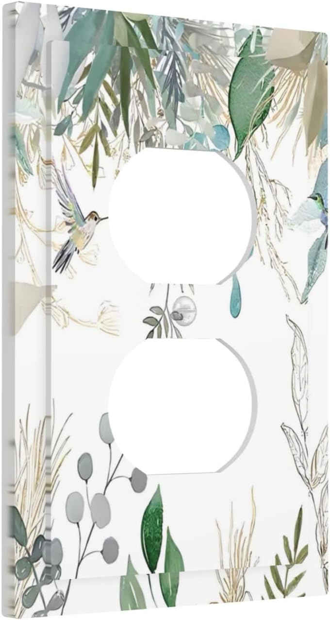 Green Tropical Palm Leaves Flower Plants Hummingbird Outlet Covers 1 Gang Duplex Light Switch Cover Decorative Switch Plates Electrical Receptacle Faceplate Wall Plate for Bed Room Living Room Decor