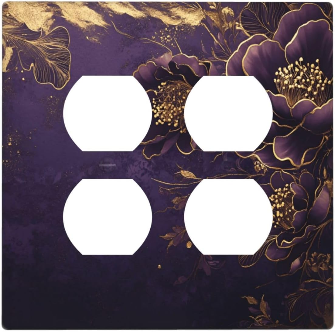 Decorative Outlet Covers Vintage Purple Peony Gold Leaf Flowers Floral 2 Gang Wall Plate Double Duplex Light Switch Cover Switch Plate Covers Faceplate for Bedroom Home Decor