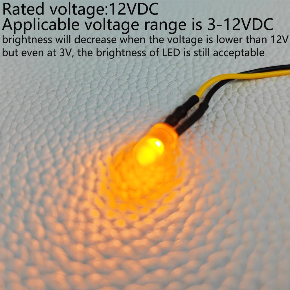 50pcs 3V-4.5V-5V-6V-7.5V-9V-12VDC 5mm Yellow LED Lights Emitting Diodes, 12VDC Prewired 7.9 Inch V LED Light Diffused Colored Lens Small LED