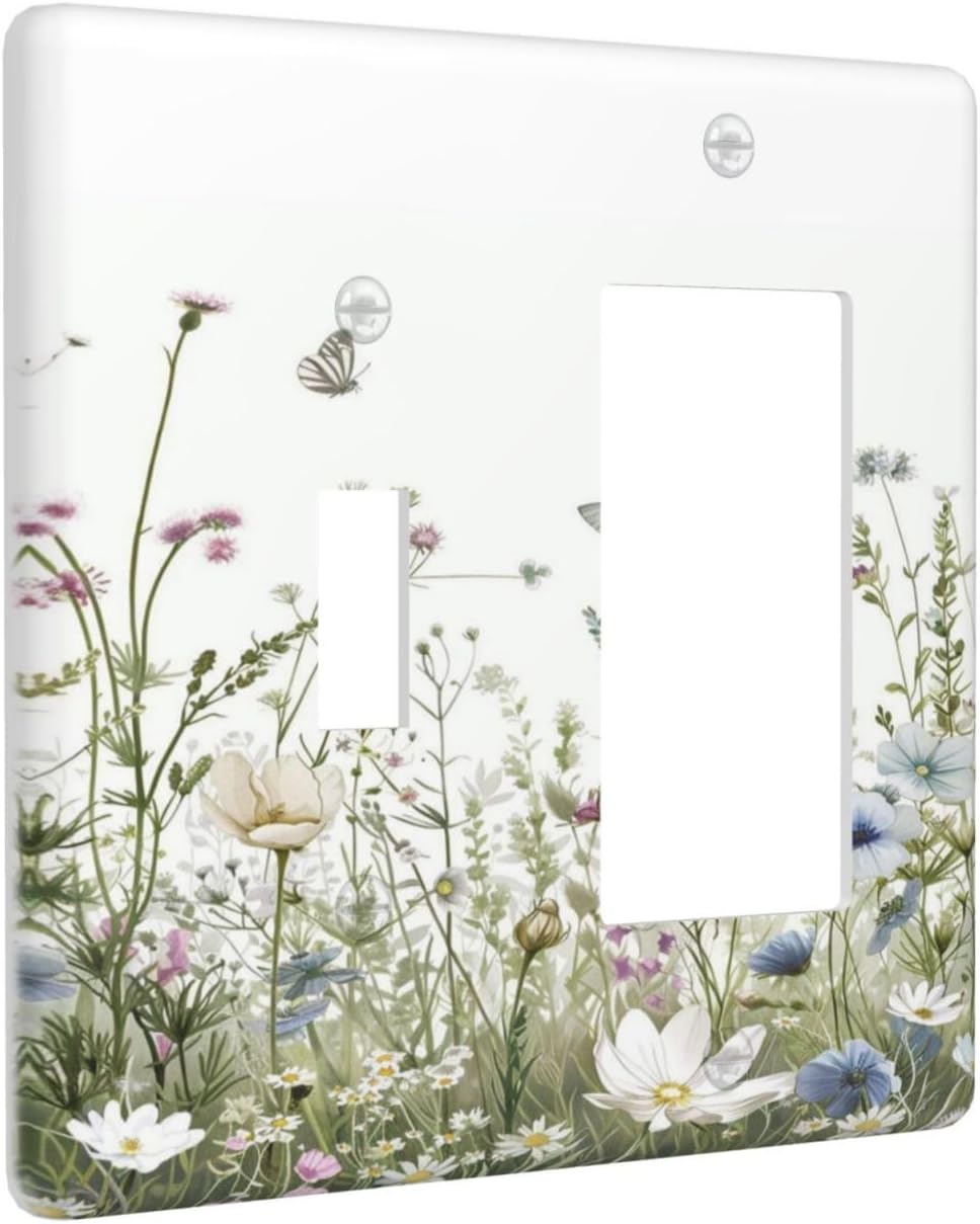 Colorful Wildflowers Daisy Plant Butterfly Floral Outlet Covers 1 Toggle 1 Rocker Combination Decorative Wall Plate Electrical Switch Plates Light Switch Cover Plate for Bed Room Living Room Decor