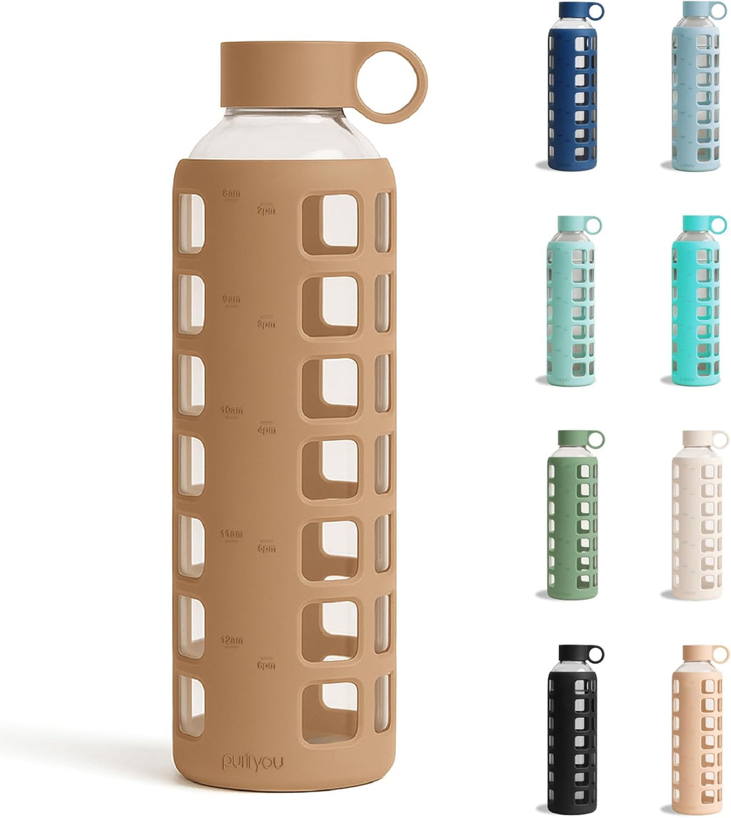 purifyou 40oz / 32oz / 22oz / 12oz Borosilicate Glass Water Bottle with Time & Volume Markers, Silicone Sleeve, Stainless Steel Lid | Reusable Glass Bottle for Water & Juice (32oz Iced Coffee)
