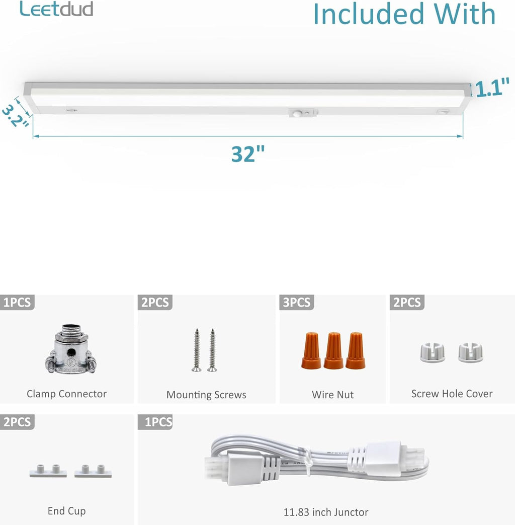 Under Cabinet Lighting Motion Sensor Hardwired, 32 Inch 16W Dimmable, 5 CCT 2700/3000/3500/4000/5000K, Eyes Care Design Linkable Under Counter Lights for Kitchen, Sink, ETL Listed, White