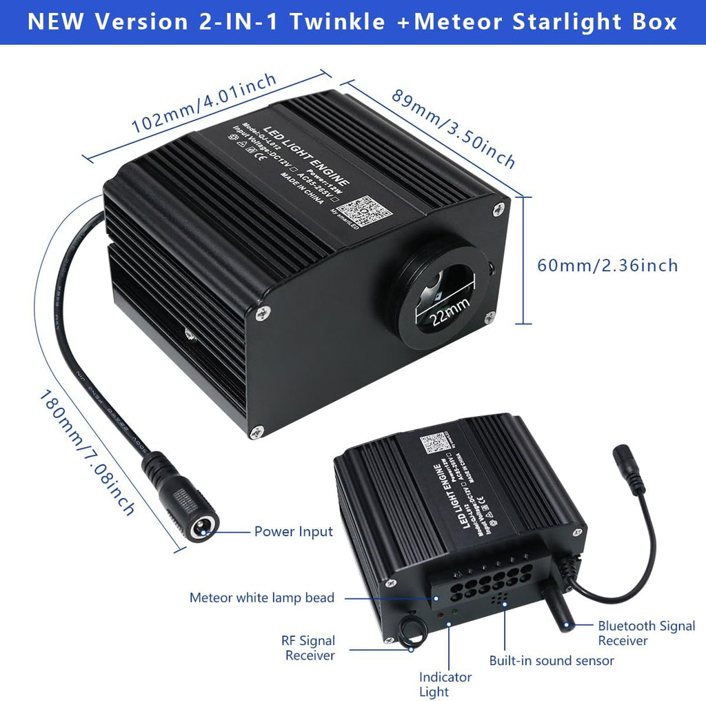 AZIMOM 2-in-1 Twinkle 12W Fiber Optic Starlight Box with Pure White Meteor, Sound Activated APP/Remote RGBW Light Source Driver Pure White Shooting Star for Car Home Star Lighting Decor