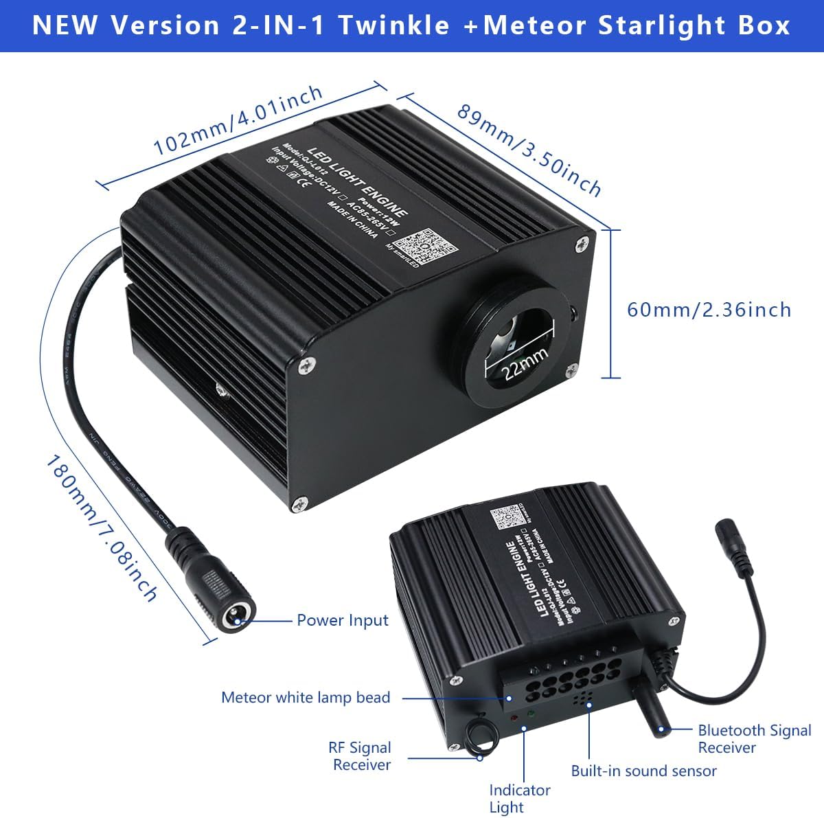 AZIMOM 2-in-1 Twinkle 12W Fiber Optic Starlight Box with Pure White Meteor, Sound Activated APP/Remote RGBW Light Source Driver Pure White Shooting Star for Car Home Star Lighting Decor