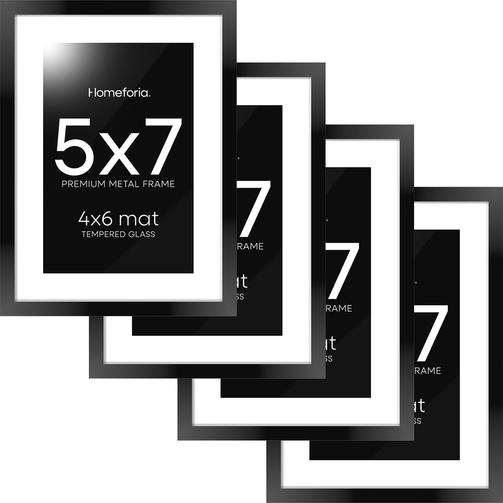 Homeforia 5x7 Picture Frame Black, High End Metal 5 x 7 Black Frames with Mat 4 x 6 for Art, 5x7 Desk Frame Matted to 4x6 inch Photo, 5 by 7 Wall or Tabletop Frames, Tempered Glass, Wall Kit, Set of 4