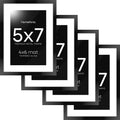 Homeforia 5x7 Picture Frame Black, High End Metal 5 x 7 Black Frames with Mat 4 x 6 for Art, 5x7 Desk Frame Matted to 4x6 inch Photo, 5 by 7 Wall or Tabletop Frames, Tempered Glass, Wall Kit, Set of 4