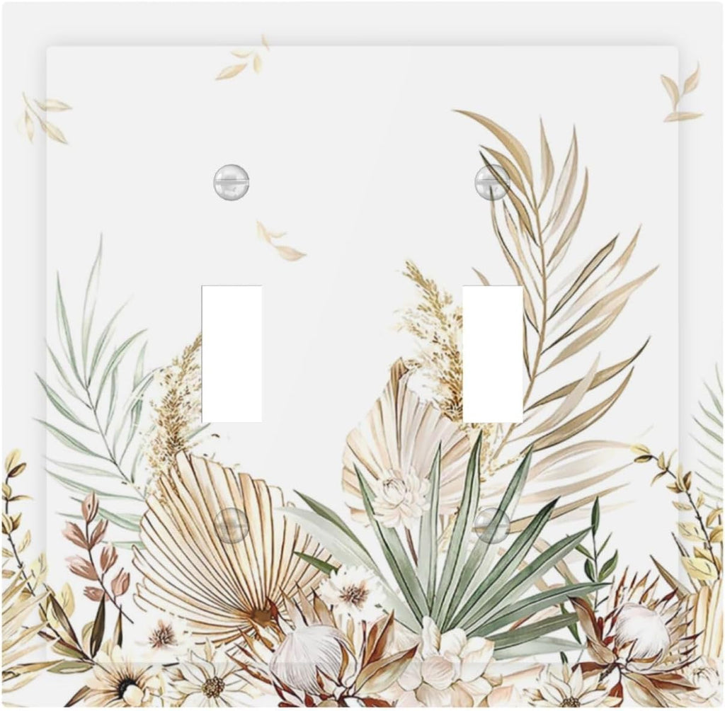 Decorative Switch Plates Boho Leaves Watercolor Tan Leaf Floral Plant 2 Gang Double Toggle Wall Plate Outlet Light Switch Cover Electrical Faceplate for Bedroom Home Decor