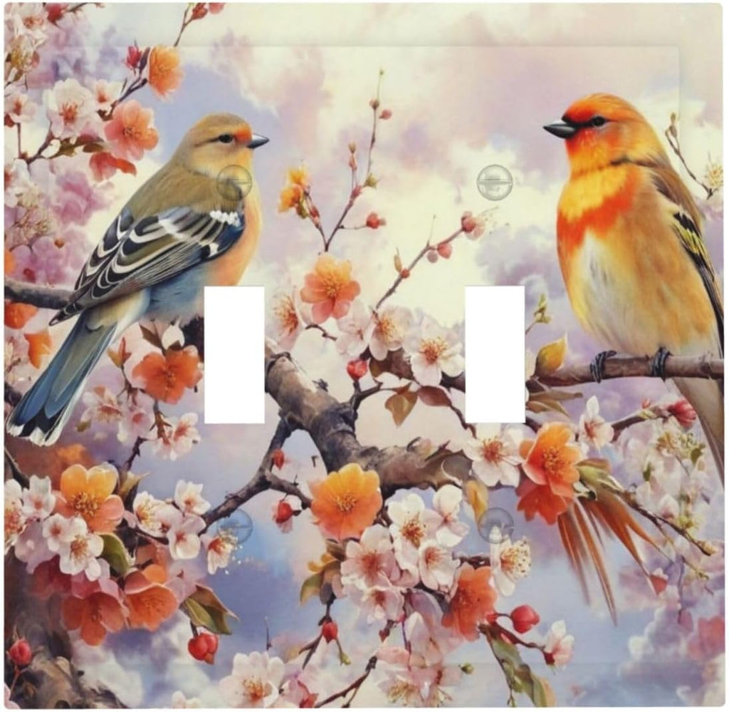 Birds Sitting on Flowers Tree Branch Light Switch Covers Double Toggle 2 Gang Wall Plate Dual Decorative Switch plate Electrical Faceplate for Farmhouse Living Room Decor