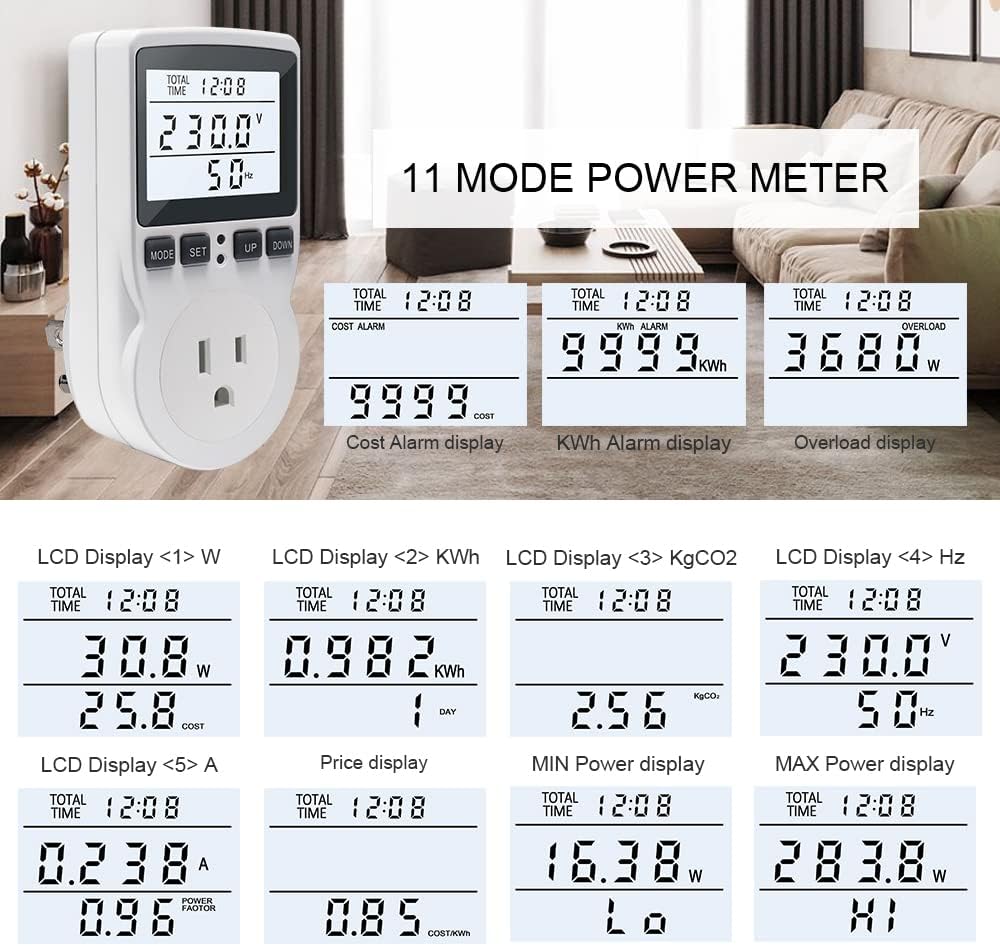 KETOTEK Watt Meter Power Meter Plug Electricity Usage Monitor, Energy Monitor with Backlight, Kilowatt Meter Socket Outlet, Voltage Amps Power Consumption Meter, Overload Protection
