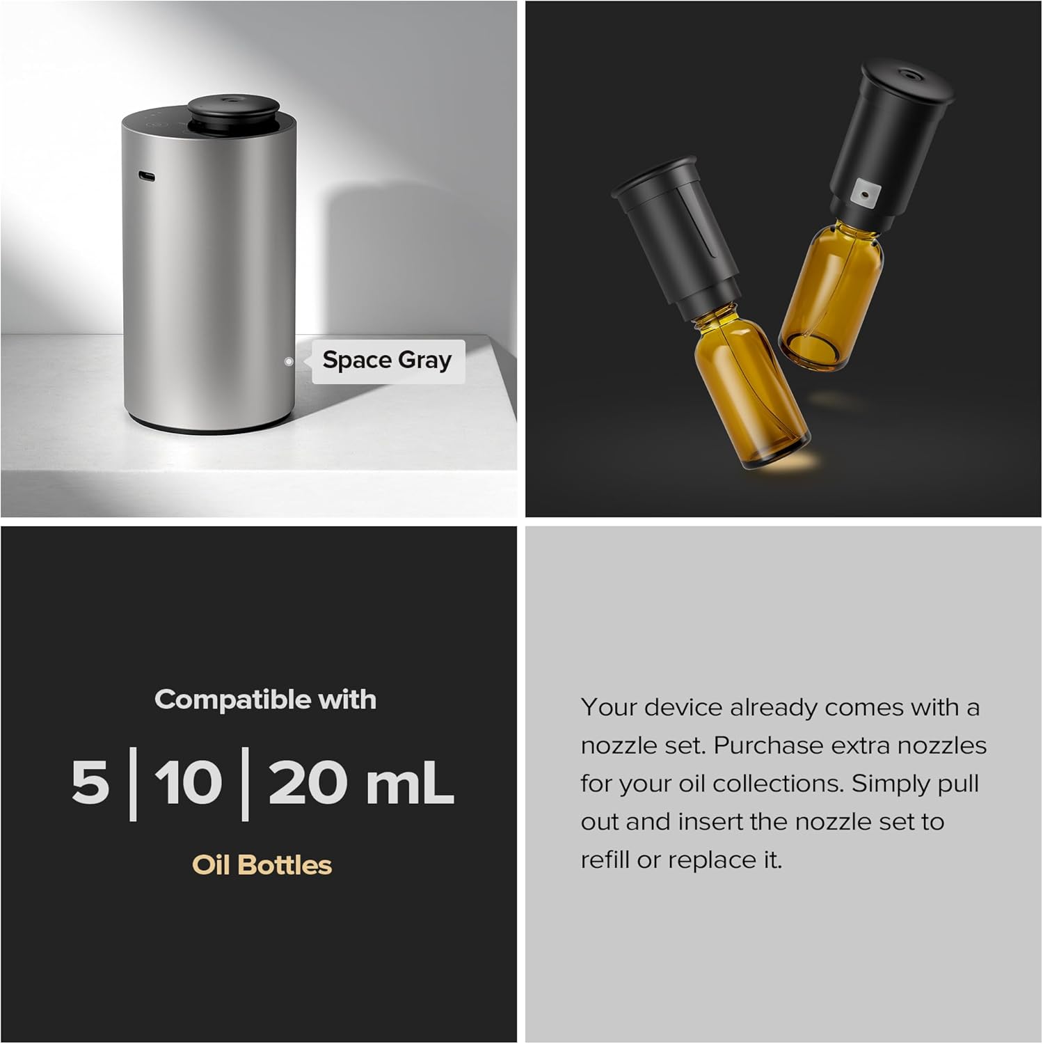 Airversa Waterless Essential Oil Diffuser Starter Kit with 4 x 10mL Fragrance Scent Oil, Battery Operated Mini Scent Air Machine Portable Diffuser for Home Car Office, ANX Titanium Kit01