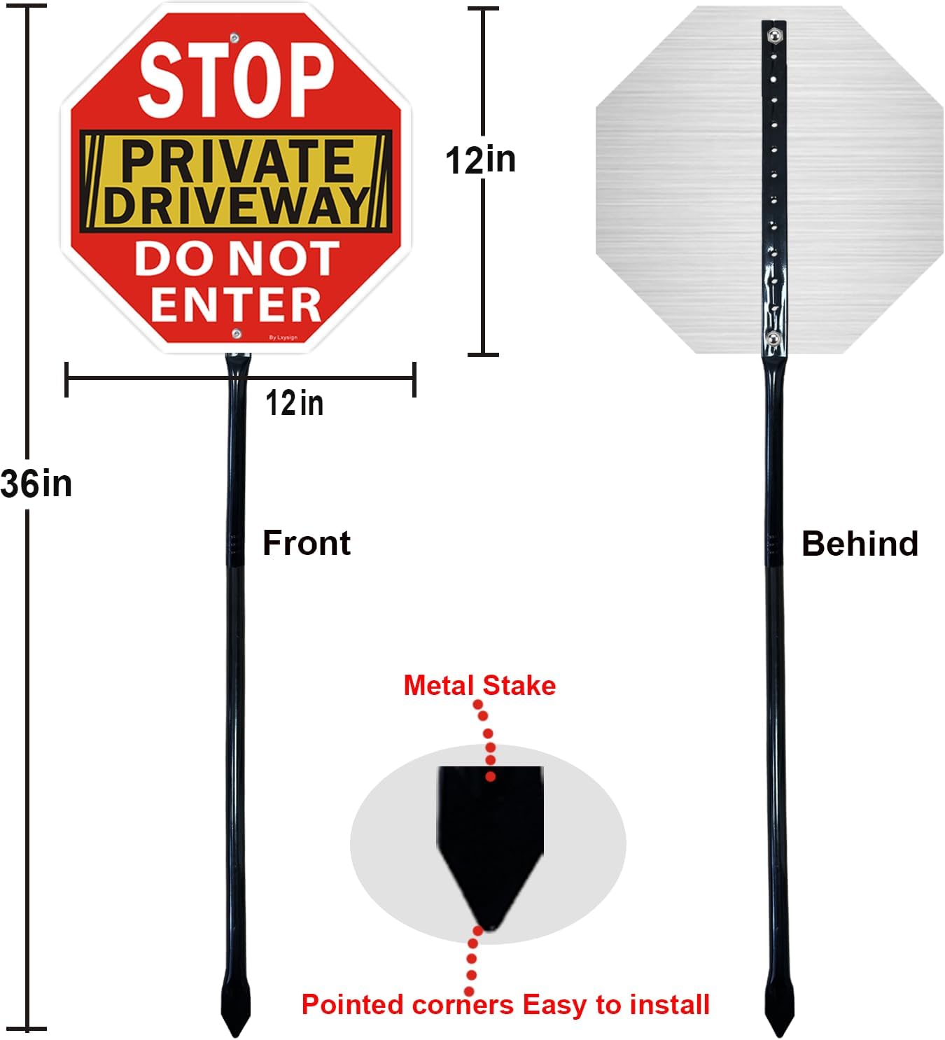 Stop Sign, Do Not Enter Private Driveway Sign with Stake, 36" Tall, 12" x 12", Reflective Aluminum