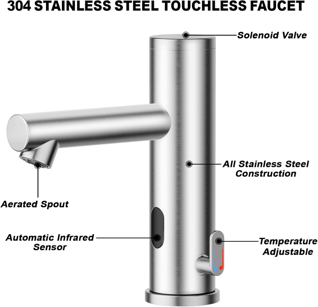 Achelous Stainless Steel Automatic Touchless Bathroom Sink Faucet, Hands Free Infrared Sensor Basin Faucet with Temperature Control, Battery Powered Sensor Bathroom Tap Brushed Nickel
