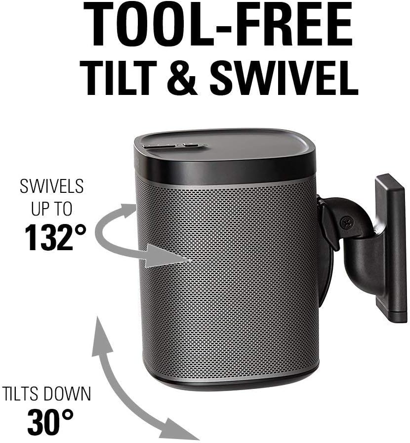 Sanus Adjustable Sonos Wall Mount for Sonos One, Play:1, & Play:3 - Tool Free Tilt & Swivel Adjustments for Best Audio - Pair (Black) - WSWM22-B1