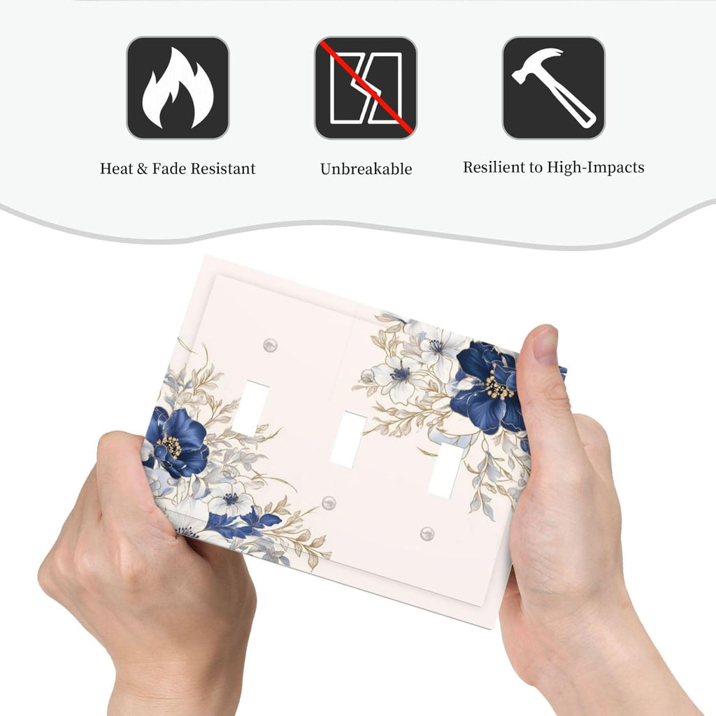Decorative Light Switch Cover Plate Rustic Blue Beige Flower Peony Floral 3 Gang Wall Plates for Electrical Outlets Triple Toggle Switch Plate Covers Outlet Covers Faceplate for Bedroom Decor