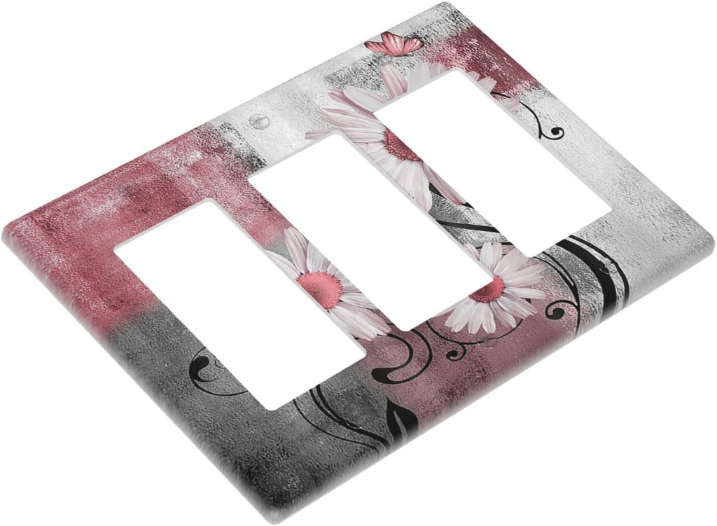 Light Switch Covers Pink Floral Rustic Daisy Flower And Butterfly 3 Gang Rocker Electrical GFCI Decorative Triple Outlet Wall Plate Cover Switchplate for Farmhouse Cabin Decor