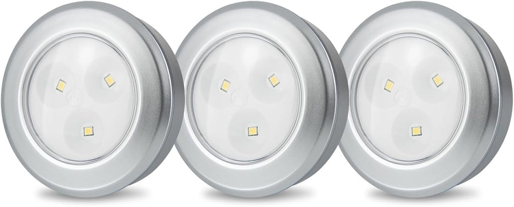 LUXSWAY Puck Light, LED Tap Light Push Lights, Battery Operated Stick On Night Light, Portable Under Cabinet Lights and Counter Lighting for Kitchen Sink, Shelf, 3-Pack, Silver