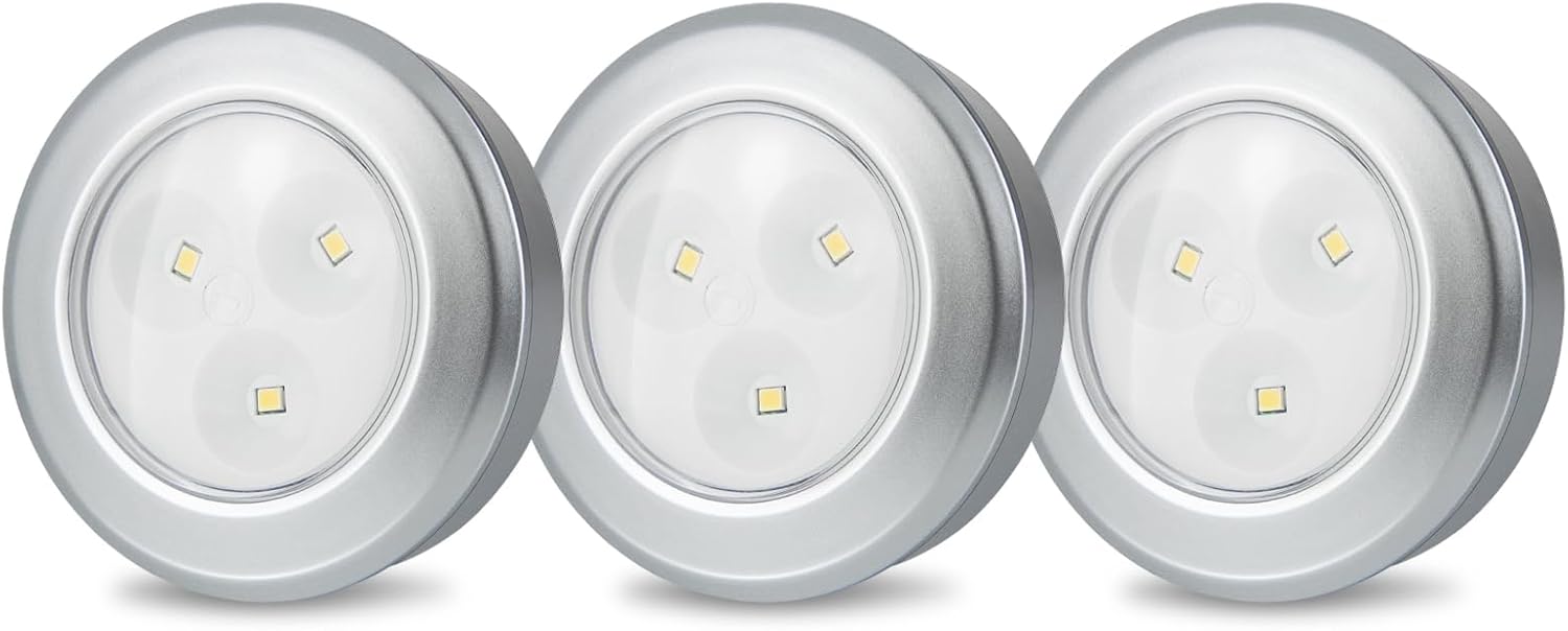 LUXSWAY Puck Light, LED Tap Light Push Lights, Battery Operated Stick On Night Light, Portable Under Cabinet Lights and Counter Lighting for Kitchen Sink, Shelf, 3-Pack, Silver