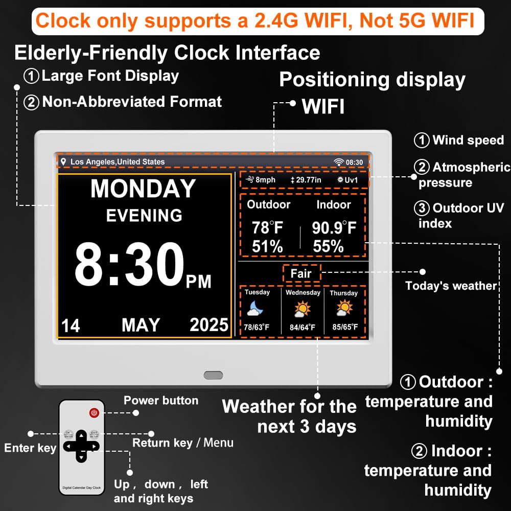2025 Digital Clock with Auto Time Sync, Weather Forecast, Perpetual Calendar, Photo Frame, Temperature/Humidity Sensor & Custom Alarms - Large Display (White, 10.1 inch)