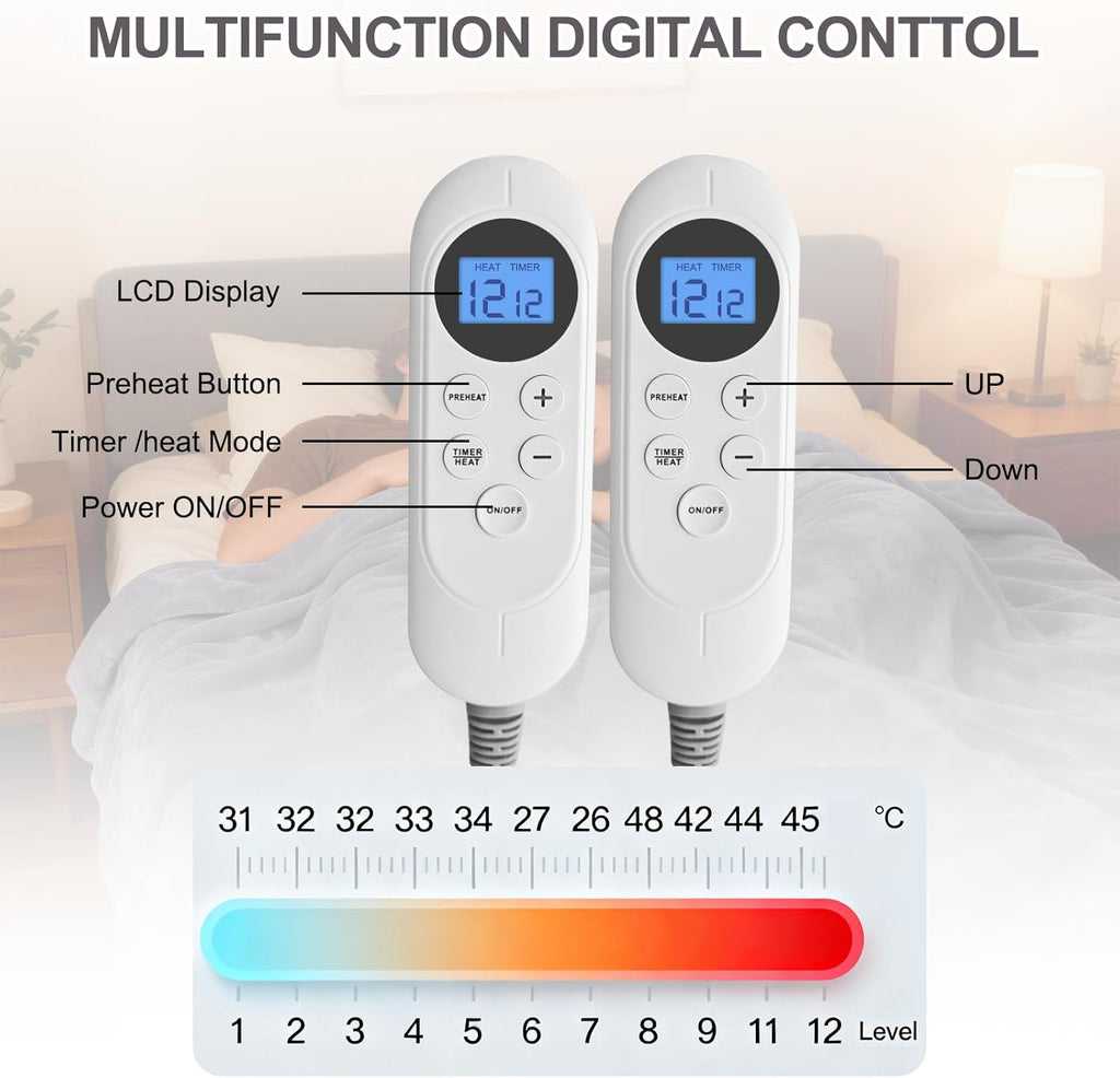 Heated Blanket Electric Blanket King 90"x100" Dual Control Flannel Heating Blanket with 12 Heat Levels 12H Timer Auto Shut-Off Overheat Protection Soft & Cozy Machine Washable (King Size (90"x100"))