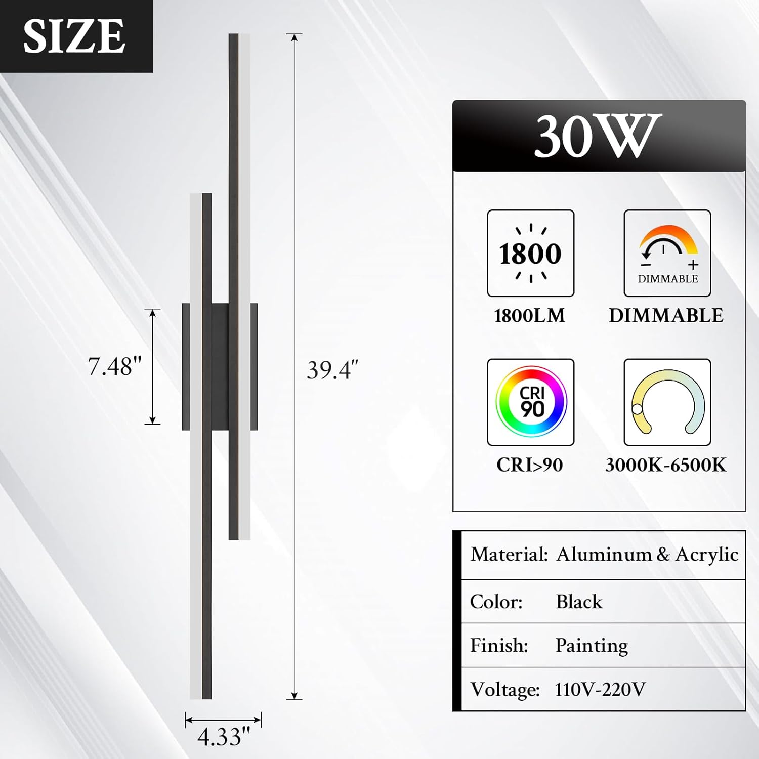 LED Wall Sconce Black Modern Remote Wall Light Fixtures for Living Room, Dimmable LED Vanity Light Indoor Remote Wall Sconce for Bedside Bedroom Bathroom Dining Room, 39.4inch 1 Pack