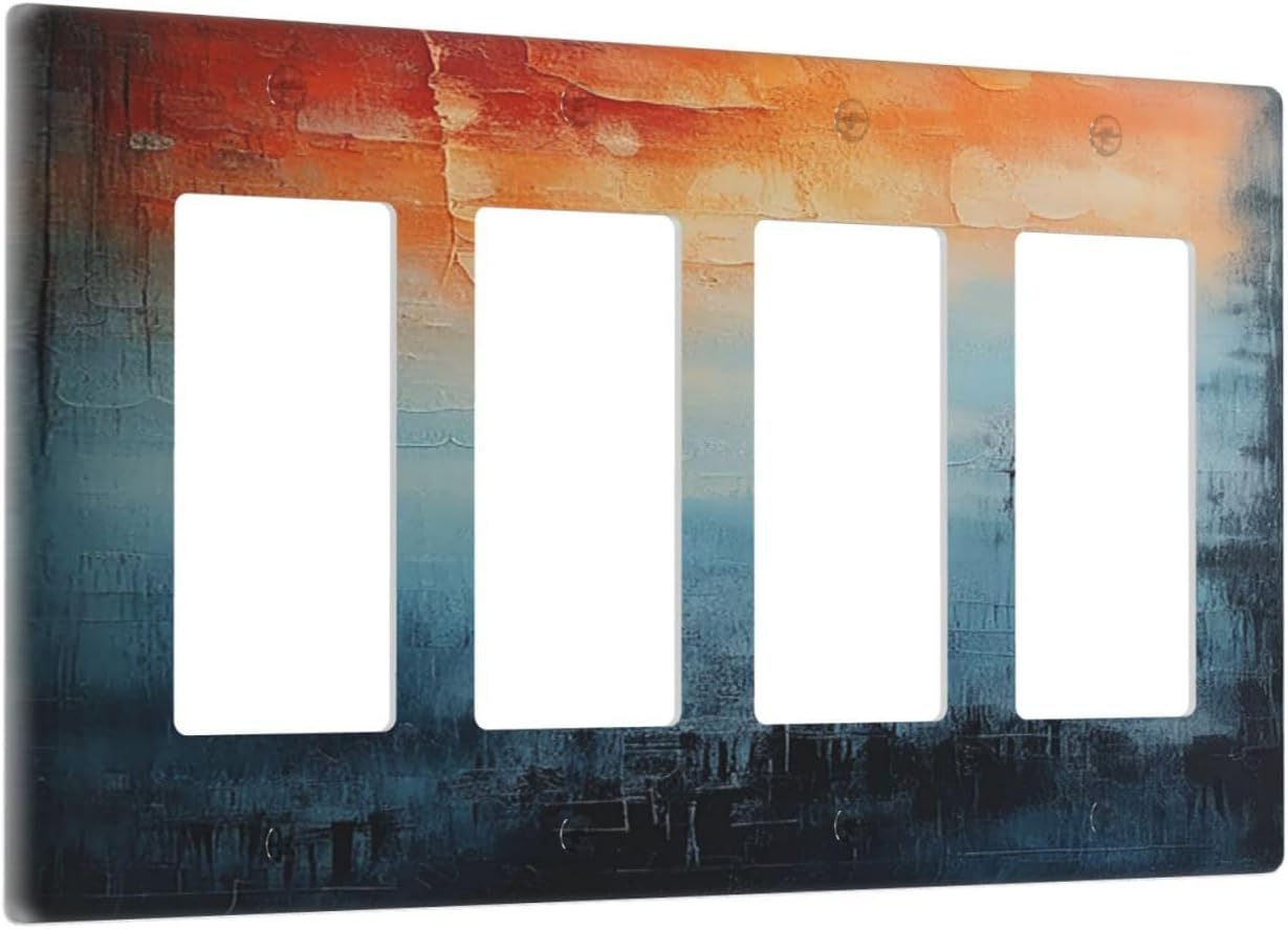 Blue Orange Abstract Modern Minimalist Oil Painting 4 Gang Wall Plates Outlet Covers Quad Rocker Light Switch Cover Plate Decorative Switch Plates GFCI Electrical Faceplate 4.5 X 8 IN