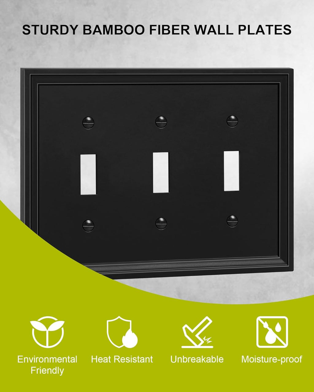 2-Pack Triple Toggle Light Switch Cover Plate, Black Decorative Switch Plate Covers, Natural Bamboo Fiber 3 Gang Wall Plate, Corrosion Resistant
