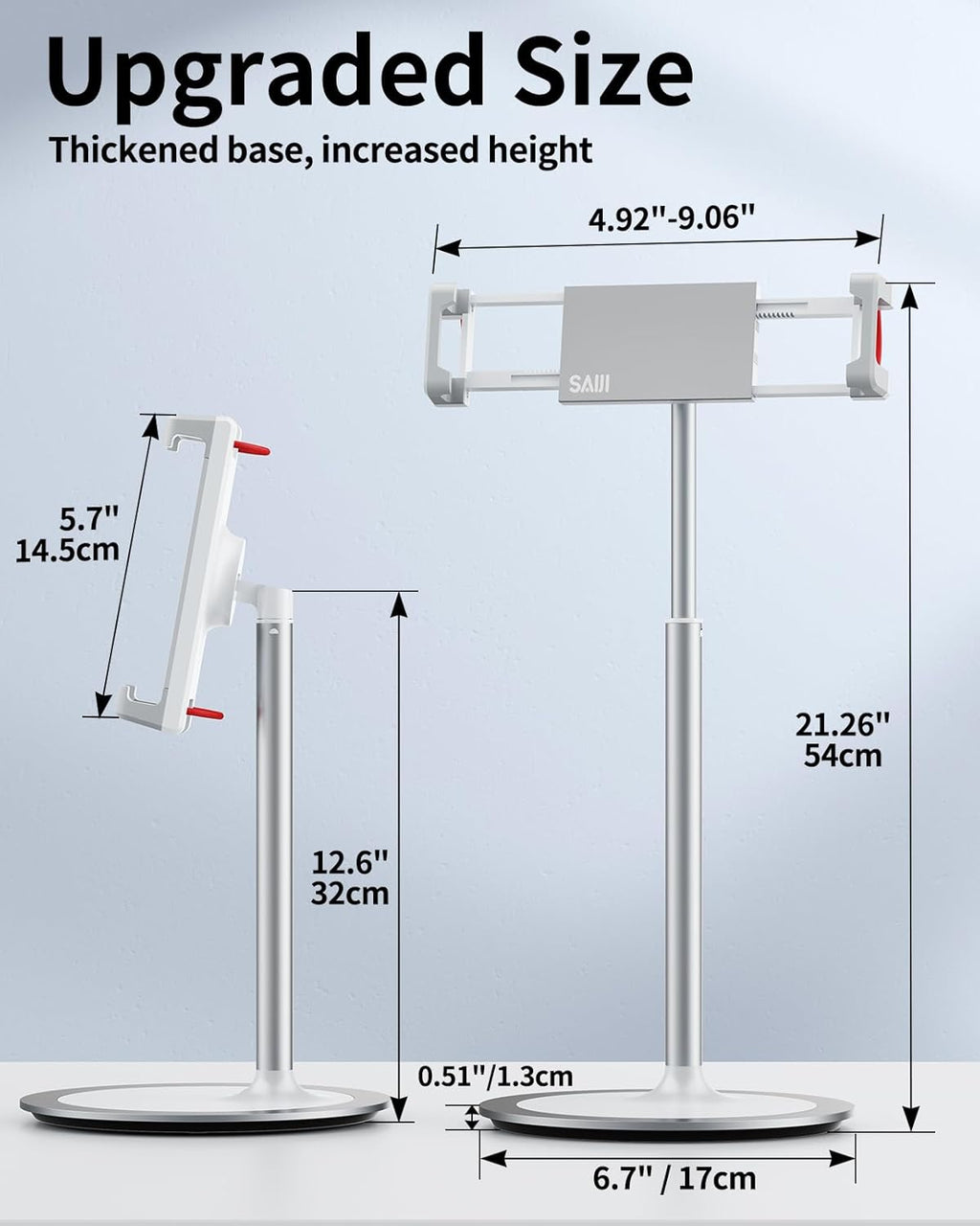SAIJI Tablet Stand Holder, Extra-Height Adjustable Kindle Stand, 360 Degree Rotating iPad Holder, Aluminum Alloy Cradle Mount Dock for 4.7"-15.6" iPhone, Samsung, Tablets, Portable Monitor (Silver)