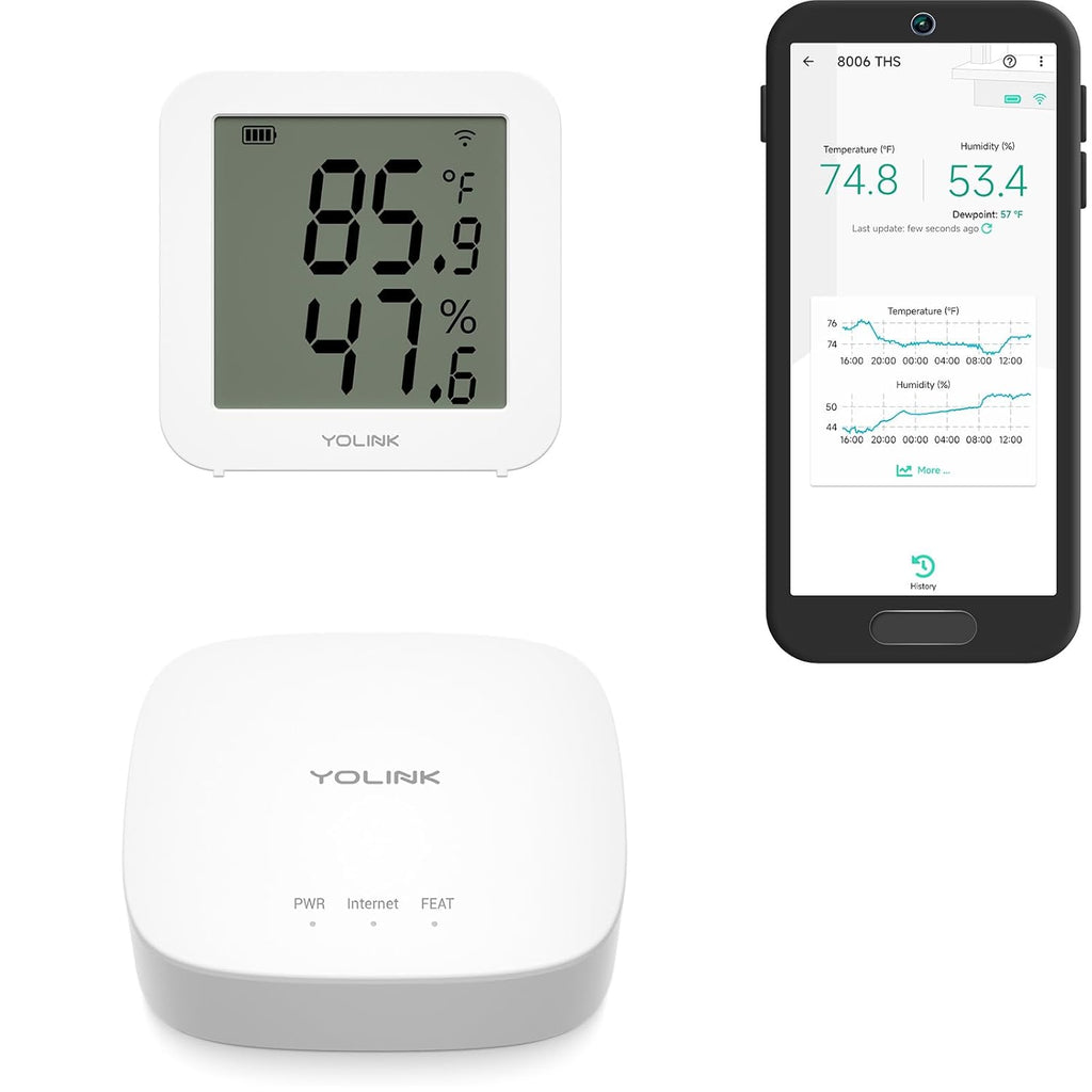 YoLink Indoor Hygrometer Thermometer, 2-Year Data Storage Export, Advanced Offline Storage, LoRa Tech, App Push, Email, SMS, Hub Included