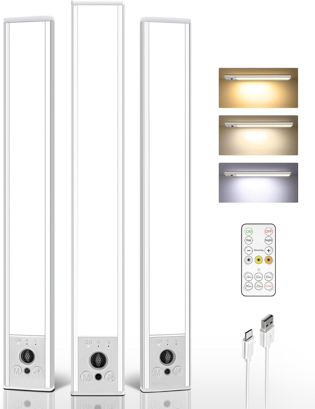 EZVALO 3 Pack Under Cabinet Lighting, 4000mAh Rechargeable Motion Sensor Light, 16inch Magnetic Closet Lights with Dimmable & 3 Color Temps, Wireless Motion Activated Lights with Remote for Kitchen